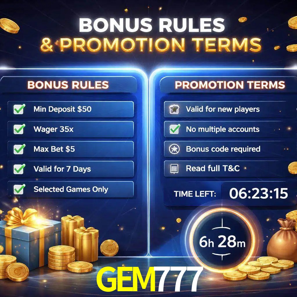 Reglas de promoción GEM777 y condiciones de bonos explicadas visualmente