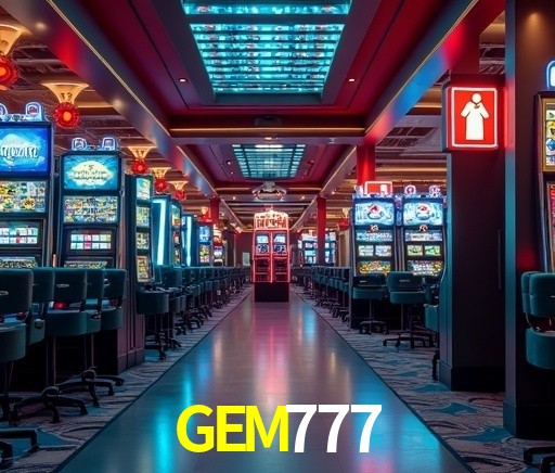 Una escena digital vívida inspirada en casino con GEM777 mostrado prominentemente, luces brillantes, fichas, cartas y acentos dorados.