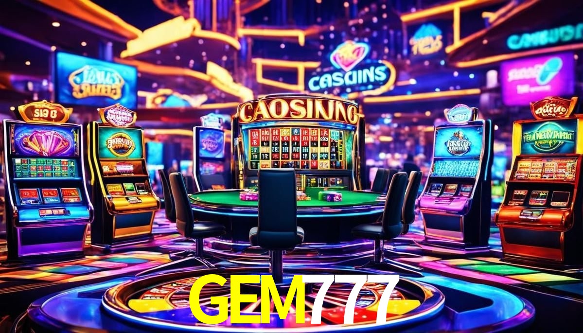 Escena dinámica inspirada en casino con iluminación GEM777, cartas, fichas e íconos de juegos digitales en un espacio moderno de juegos.