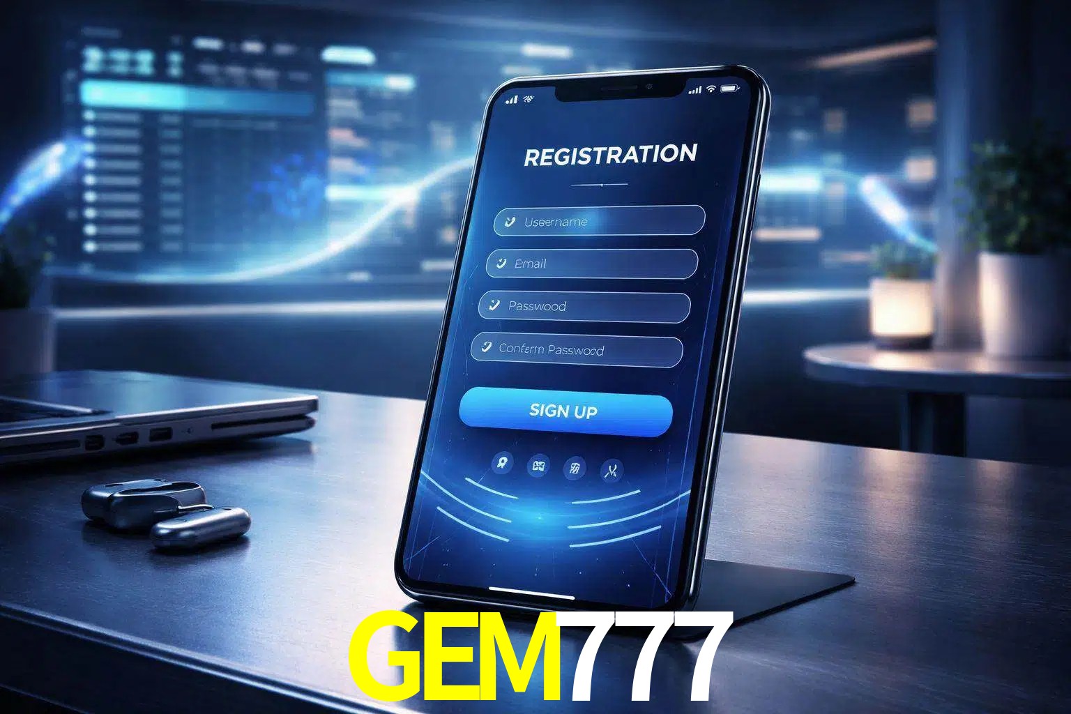 Una interfaz moderna de registro móvil para GEM777 mostrada en un smartphone con un panel de apuestas elegante.